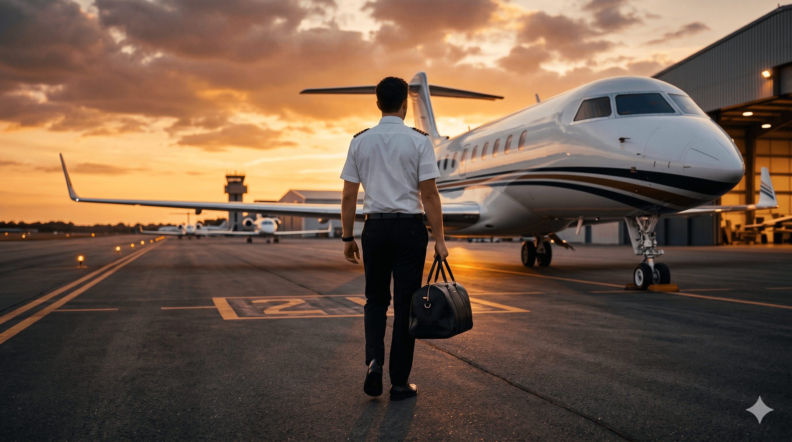Pilot in uniform walking toward a private jet at sunset