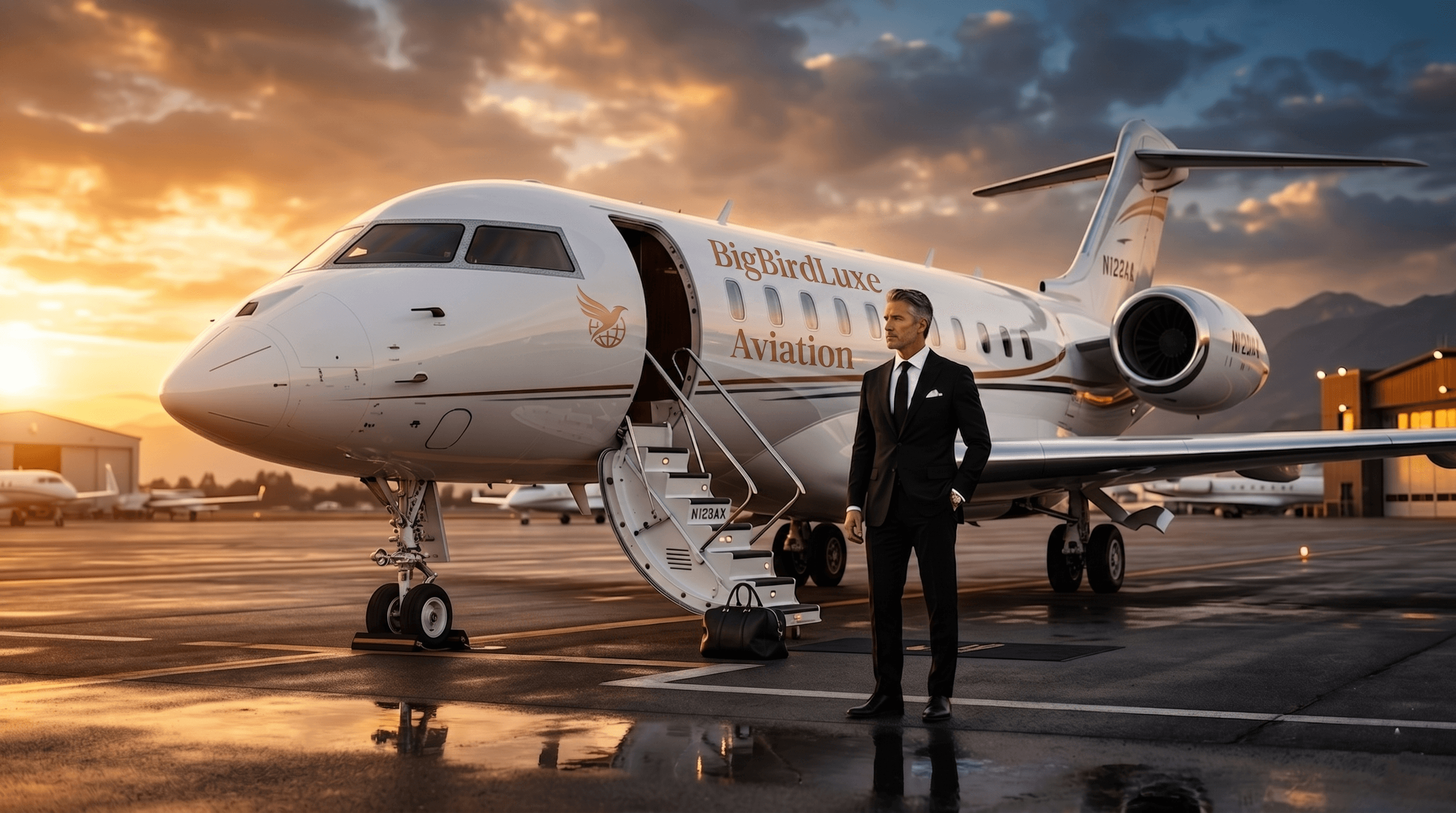 Business executive next to a private jet on the tarmac